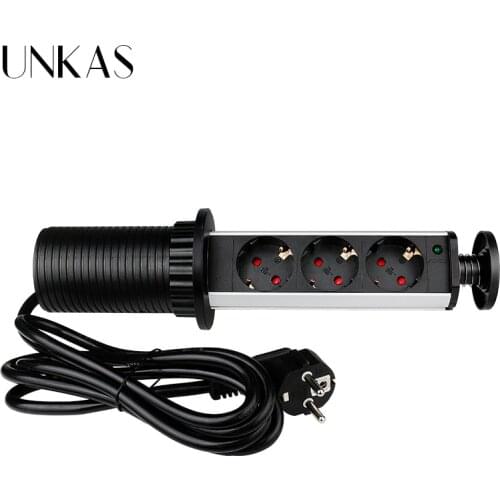 UNKAS 16A PULL POP UP 3 Power EU Socket New Black Color Dual USB Port Kitchen Table Desktop Retractable Countertops French Plug