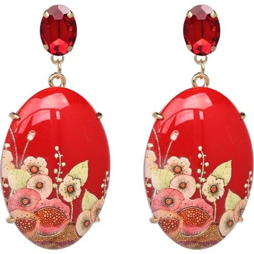 Vintage Chinese Style Acrylic Oval Pendant Dangle Earrings for Women Floral Earrings Minimalist Drop Big Earrings Jewelry Gift