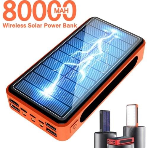 Solar Power Bank 80000mAh High Capacity 4USB Port Solar Charger Camping Light Power Bank External Battery for Xiaomi IPhone