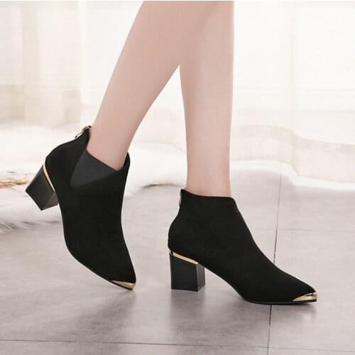 XEK New 2018 Autumn Winter Fashion Woman Boots High Heels women Leather Ankle Boots Sexy Pointed Toe Metal Boots WFQ94