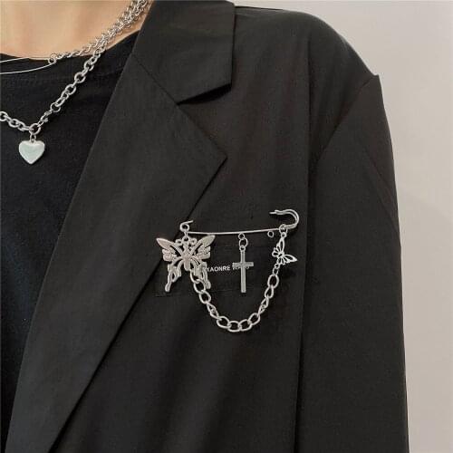 Kpop Cute Cross Butterfly Pendant Big Pins Metal Brooches for Women Girl Punk Couple Party Brooch Aesthetic Jewelry 2021 Gift