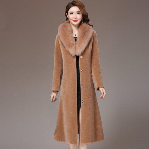 2019 Winter Autumn Woman Warm Thick Clothes , Womens Beige Black Camel Lamb Fur Long Coat , 4xl Slim Overcoat for Women