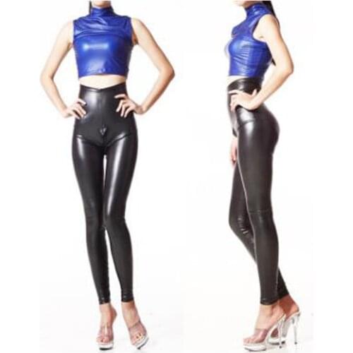 High Quality Latex Elastic Legging Women High Waist Shiny PU Leather Pant Ladies Zipper Open Crotch Bodycon Pencil Pants Capris