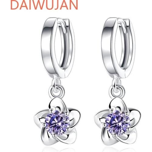 DAIWUJAN 925 Sterling Silver Hoop Earrings Fashion Flower-shaped Amethyst Zircon Earrings For Women High Quality Crystal Jewelry