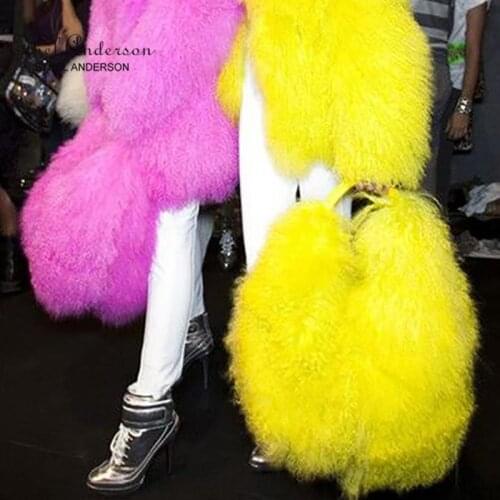 Ethel Anderson Womens Real Mongolia Fur Handbags Lamb Fur Totes Bag Man-made Shoulder Bag Lady Simple Style Hand Bags