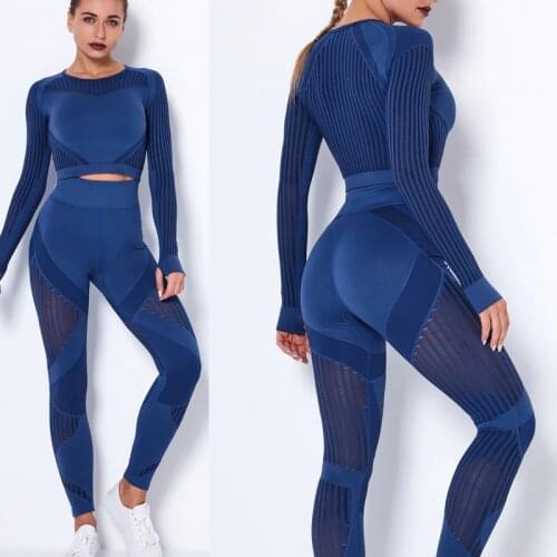Women Solid Colour Yoga Set Long Sleeve Top High Waist Sport Leggings Gym Clothes Hollow Out Gym Suit Fitness Workout Set