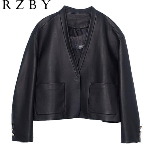 Women Genniue Leather Coat 100% Real Sheepskin Offfice Lady Autumn Elegant Jacket Natural Suede V Neck куртка женская RZBY657