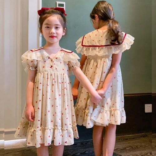 Girls Casual Dress 2021 Summer New Fashion Chiffon Lace Sweet Princess Dresses Girls V-neck Short Sleeve Printing Elegant Dress