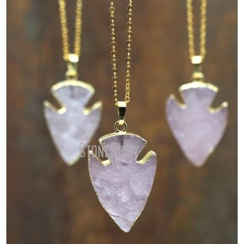 5Pcs Gold Color Irregular Surface Arrowhead Chains Necklaces Rose Quartzs Raw Ore Chains Necklaces 18inch-32inch NM5842