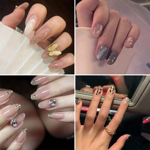 24pcs/set Sweet Bow Short Fake Nail Repeated Use Crystal Butterfly False Nails Leopard Aurora Polaris Nail Tips Detachable