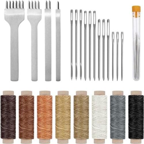 24PCS DIY Leather Craft Tools Kit Hand Sewing Stitching Punch Carving Work Saddle Set Accessories