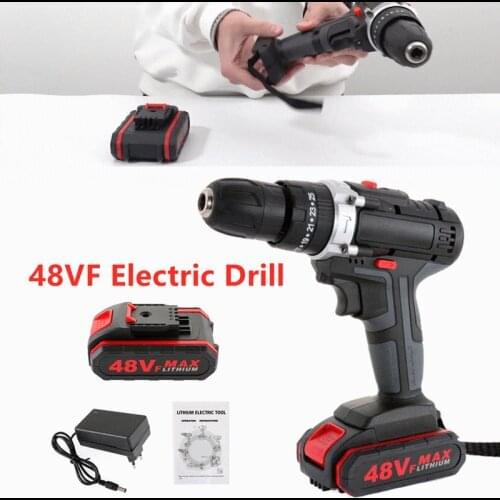 48VF Cordless Lithium Battery Electric Drill Impact Drill Wireless Wrench Drill Rechargeable Drill with 2x Battery 1 Charger