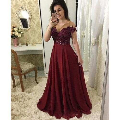 Burgundy Prom Dresses Illusion Neckline Short Sleeve Appliques Party Gowns With Beads Long Chiffon Women Dress For Prom