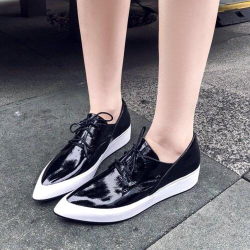 EshtonShero Womens Shoes Woman Pumps Patent Leather Wedge Low Heels Lace Up Pointed Toe Platform Ladies Wedding Shoes Size 3-8