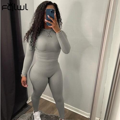 FQLWL Autumn Streetwear Ribbed Slim 2 Two Piece Sets Womens Outfits Long Sleeve Tops Casual Pants Suits Bodycon Matching Sets