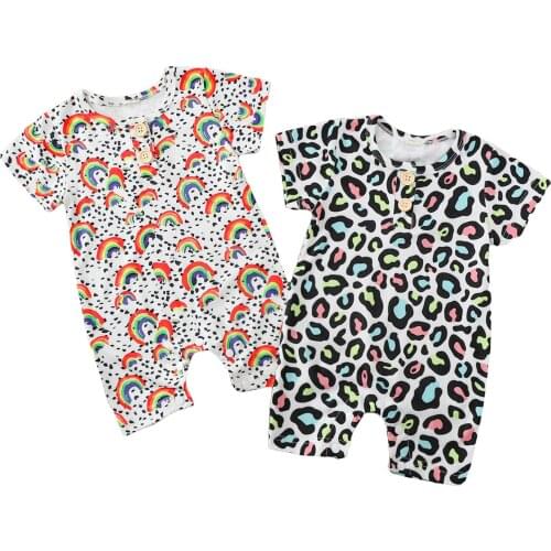 2021 Baby Boy Short Sleeve Romper with Leopard Print/rainbow Print, Classic Round Neck, Loose Fit Summer Clothing