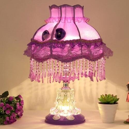 Modern European Princess lace Bedsides Table Lights Glass Base Bedroom Table Lamp Rose Fabric Lampshade Wedding desk lamp