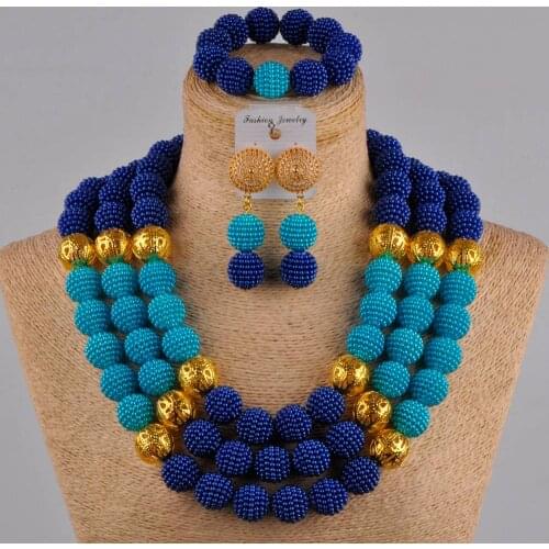 24 inches royal blue tuquoise simulated pearl necklace nigerian wedding african beads jewelry set for women FZZ43