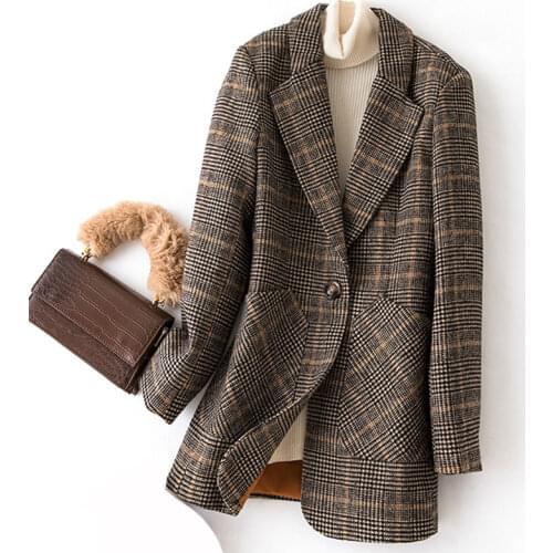 Bella Philosophy Spring Autumn Vintage Women Plaid Suit Jacket Ladies Slim Casual Wool Blazer Single Breastered Coat