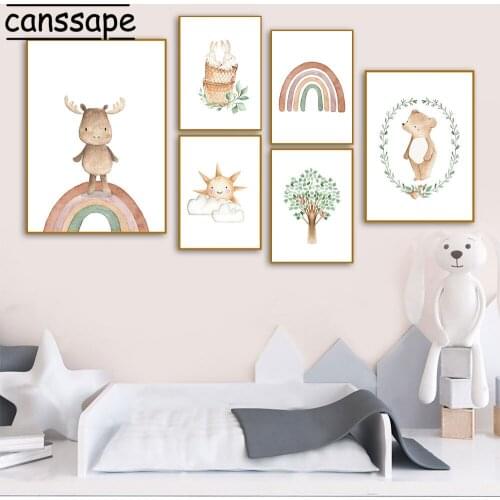 Nursery Wall Poster Tree Paintings Sun Rainbow Art Print Deer Rabbit Bear Canvas Painting Nordic Posters Baby Kids Room Decor