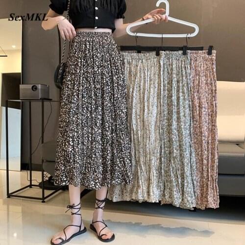 Casual Summer Long Skirts Women 2021 Fashion High Waist Floral Printed Pleated Skirt Holiday Korean Vintage A Line Maxi Skirt