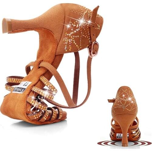USHINE BD211 Heel 7.5cm Silk Satin Apricot Brown Latin Dance Shoes Champagne Color Rhinestone Salsa Latin Dance Shoes Woman