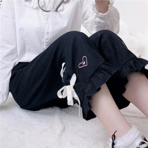 Japanese Soft Sister Cotton Kawaii Straight Pants Cute Rabbit Ruffled Wide-Leg Pants Female Harajuku Student High-Waist Trousers