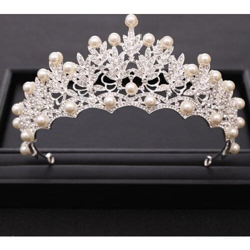 Trendy Silver color Rhinestone Pearl tiara Queen Wedding Crown Bridal Headpiece Headband Party Wedding Hair Jewelry Accessories