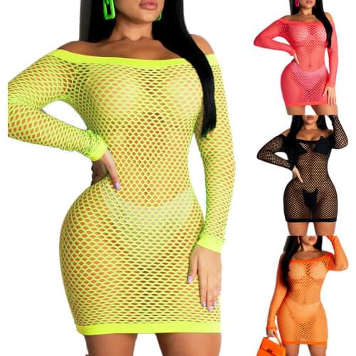 Woman shoulder Fishnet Crochet Bodycon Beach Dress Bikini Cover Ups Sundress Cothes