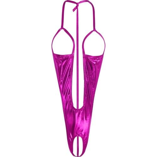 Women Shiny Metallic Leotard Bodysuit Halter Open Bust Sexy Catsuit Jumpsuit Backless Crotchless Lingerie Teddies Sissy Clubwear