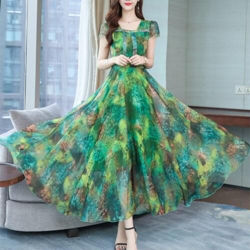2021 New Casual Bohemia Womens Beach Green Pink Red Print Big Size Bohe M-3XL Sexy Elegant Female Long Summer Vestidos Dress