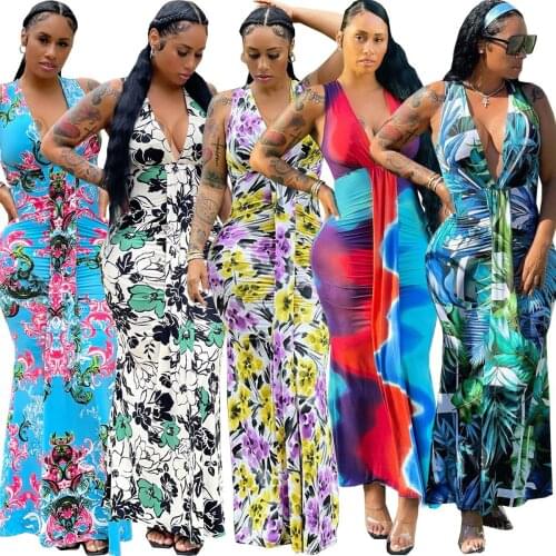 Somoshein S-2XL summer fashion women clothing casual sexy printing V neck sleeveless long dresses Wholesale Dropshopping