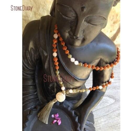 40inch Layer Hand knotted Rudraksha Labradorite & Rose Quartzs Natural Stone 108 Bead Mala Spiritual Necklace NM11003