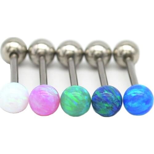 6mm Opal Tongue Bar Surgical Steel Straight Barbell 16mm High Qualty Round Ball Bling