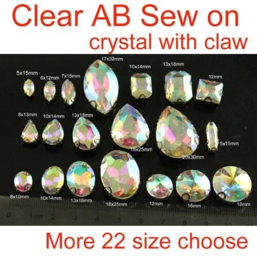 AB colors Sew on Ear claw teardrop/oval/rectangle/ crystal Rhinestone Diamante/Montee/Jewelry/Wedding Dress Shoes Bags Diy Trim