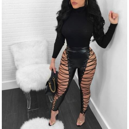 Hollow Out Lace Up Sexy Pencil Pants Women High Waist Bandage Pants Leggings PU Leather Party Club Sexy Pants Female