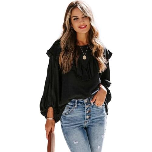 Black/Apricot Ruffle Lantern Long Sleeve Blouse Top Fashion O Neck Autumn Spring Blouses Ladies 2020 Fashion Top Female