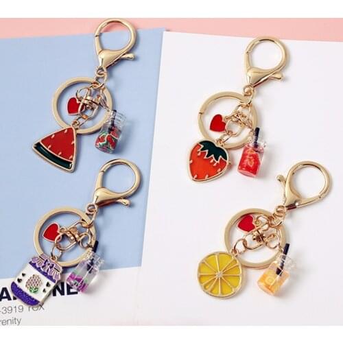 Cartoon Watermelon Lemon Strawberry Summer Fruit Drinks 3D Metal Keychain For Women Key Chains Bag Pendent Couple Gift Airpods