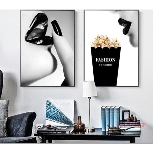 Black And White Fashion Girl Nordic Poster Lips Wall Art Canvas Painting Modern Wall Pictures For Living Room Decor Unframed
