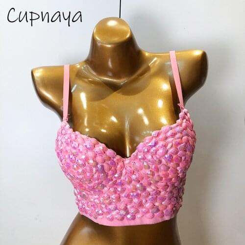 Cupnaya Pink Crystal Women Sexy Spandex Crop Top Spaghatti Strap Bustier Inside Tube Camisole Corset Bralette Shiny Clubwear