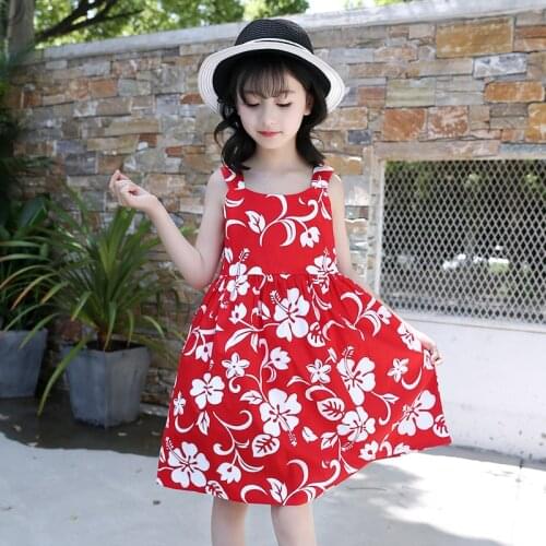 Children Girls Summer Beach Dresses Red Flower Printed Cotton Casual Sleeveless Dress for Teenager Girl 6 7 8 10 Years Old