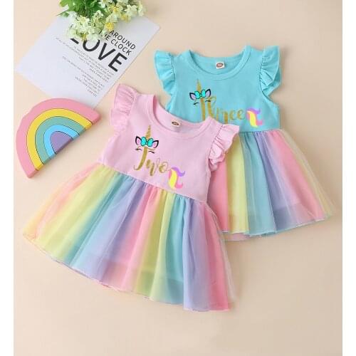 Unicorn Number Girl Birthday Dress Kids Rainbow Unicorn Dress Princess Girls Birthday Party Dress Children Summer Dresses