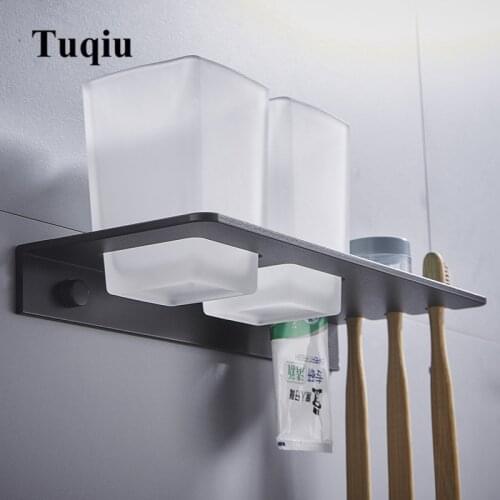 Tuqiu Double toothbrush holder with Tooth Holder Aluminum Black Tumbler & cup holder wall mounted or Nail Free bath product