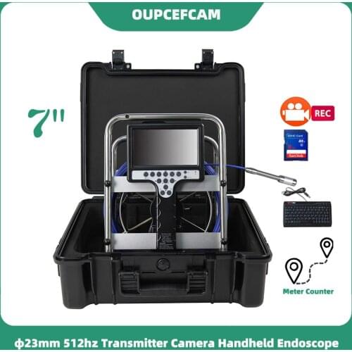 Φ23mm Camera 512hz Transmitter Built-in Drain Sewer Pipe Inspection Endoscope 7" Screen DVR Keyboard Meter Counter φ5mm Calble