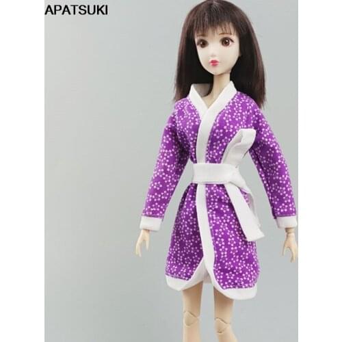Purple Flower Floral Bathrobe For Barbie Doll Bathroom Suit Winter Pajama Wear Sleeping Robe Casual Clothes Toys 1/6
