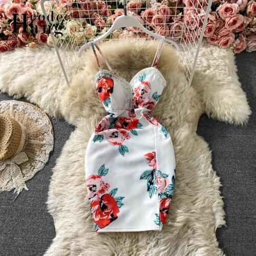 HangCode Brand Fashion Flower Print White Spaghetti Strap Women Dress 2021 Summer Sexy Backless Sleeveless Mini Bodycon Dress