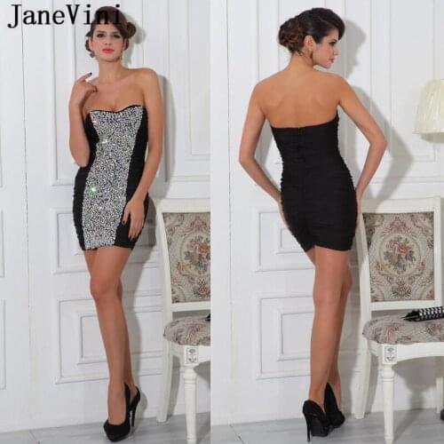 JaneVini Shiny Crystal Short Black Plus Size Cocktail Dresses 2019 Strapless Sexy Backless Spandex Mini Prom Gowns Robe Cocktail