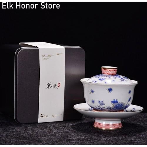 180ml Enamel Color White Porcelain Sancai Tea Tureen Handmade Gold Painted Blue And White Covered Bowl Kung Fu Ceramic Tea Set