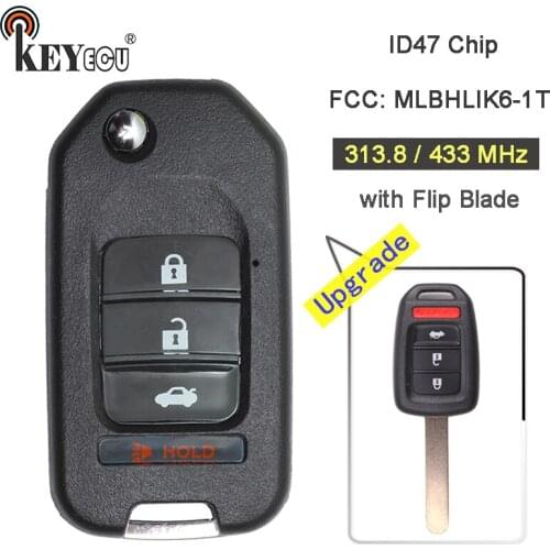 KEYECU 313.8/ 433MHz ID47 Chip FCC: MLBHLIK6-1T Upfraded Flip 3+1 4 Button Remote Key Fob for Honda Fit Civic XRV HRV CRV