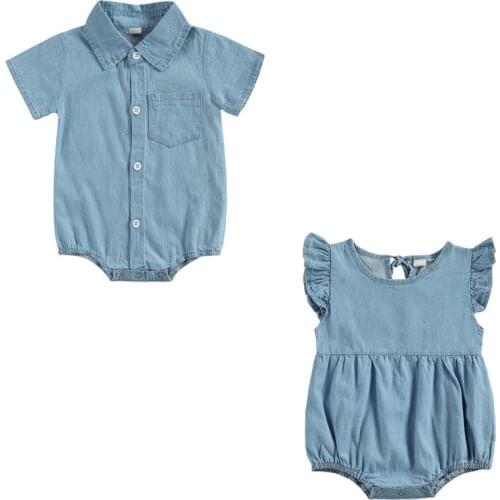Pudcoco 0-18 Months Newborn Baby Boys Girls Short Fly Sleeve Romper One-piece Cowboy Blue Romper for Kids Infant 2021 Summer